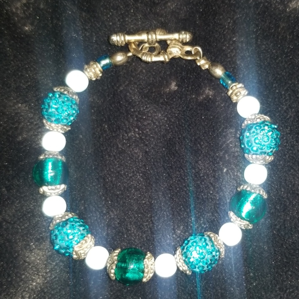 (🏷2/15)Bracelet - Teal Shambhala and Silver Tones
